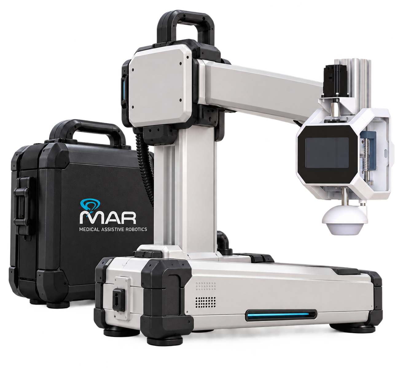 MAR-mobile robotic CPR arm and transport case with Medical Assistive Robotics branding