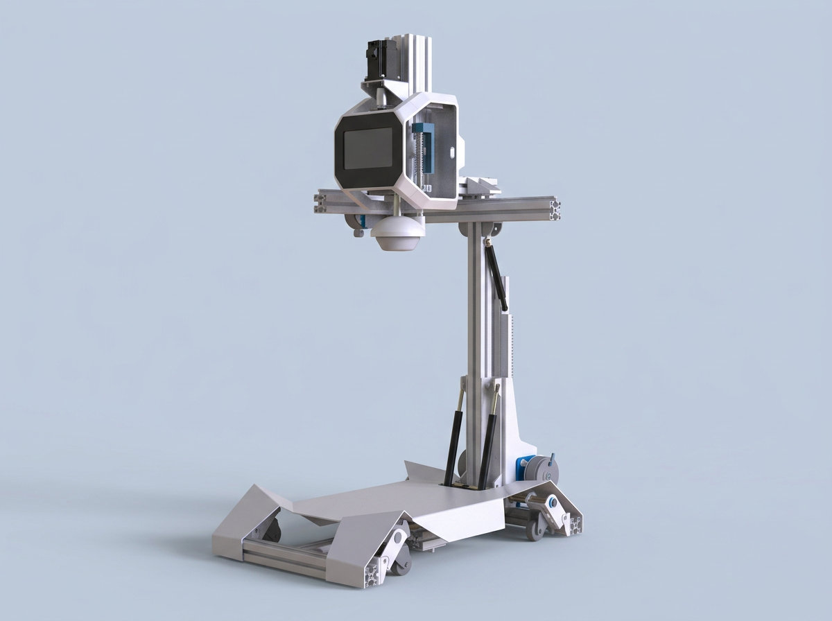 MAR-Clinic CPR robot prototype, showing its wheeled base, adjustable arm and compression head